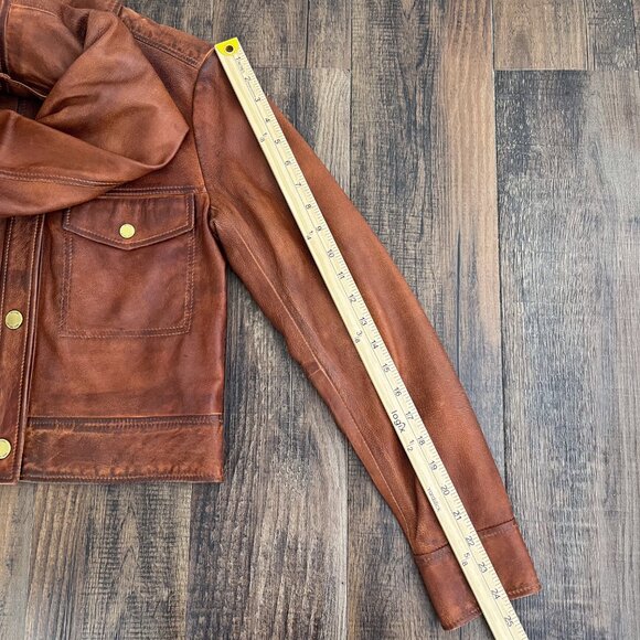 Michael Kors Lamb Leather Jacket Cropped Distressed Rustic Size Small Brown - Picture 16 of 16